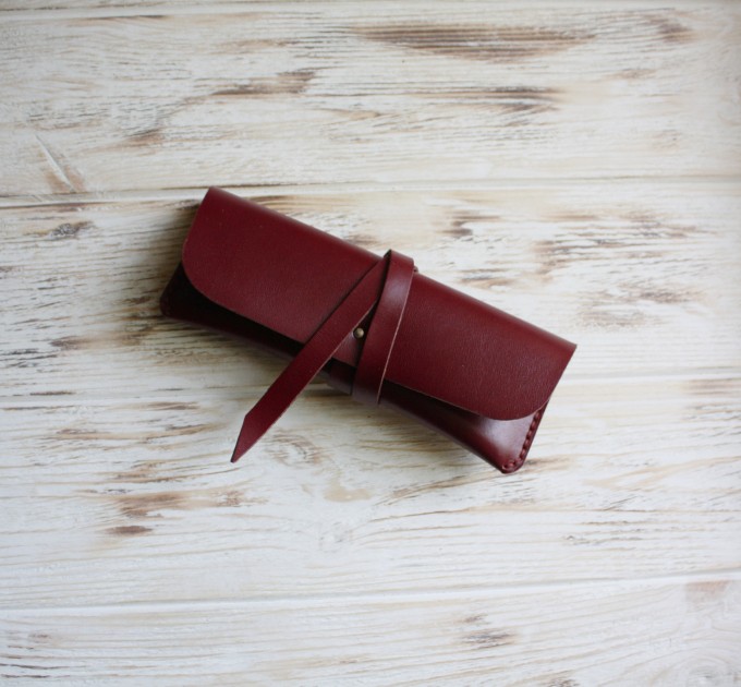 Minimalist burgundy leather wrap pencil pouch