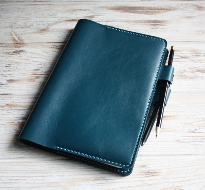 Dark cyan soft leather refillable bullet journal cover for A5 planner