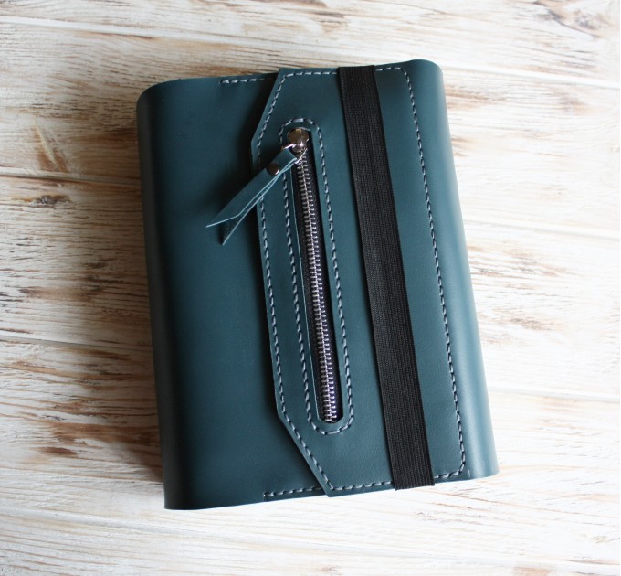 Leather planner cover with flap and zipper