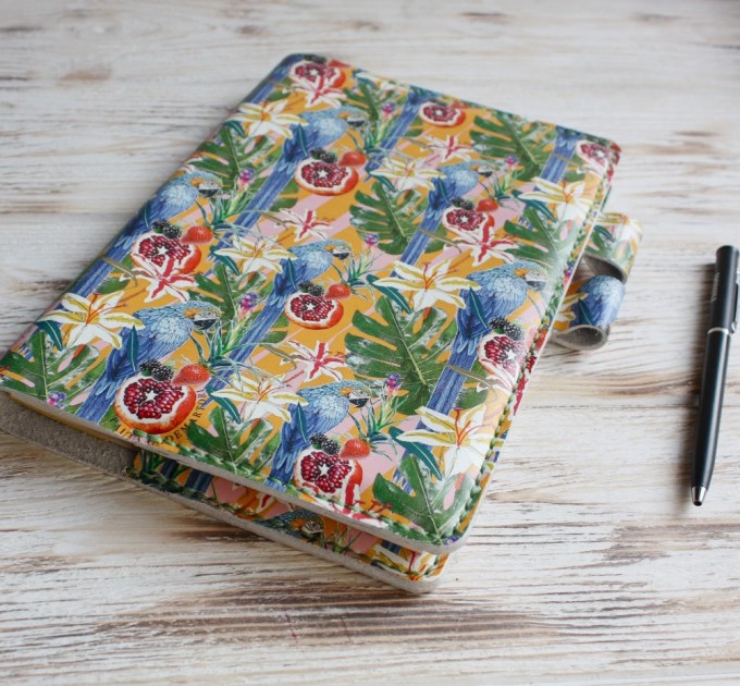 Leather tropical print notebook cover A5